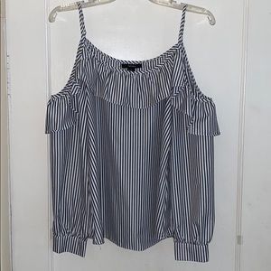 Black/blue/white pinstriped blouse